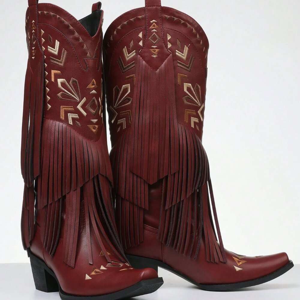 Burgundy Bohemian Women's Cowgirl Western Boots Fringe Tassel Chunky High Heels - Picture 6 of 6